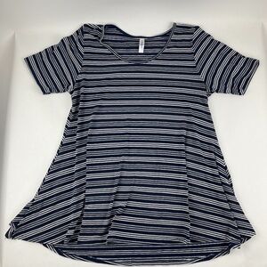 Lularoe Shirt Womens Large Blue Gray White Striped Short Sleeve Round Neck